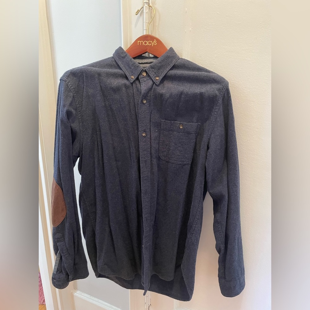 JCrew Blue Flannel with Leather Elbow Patch